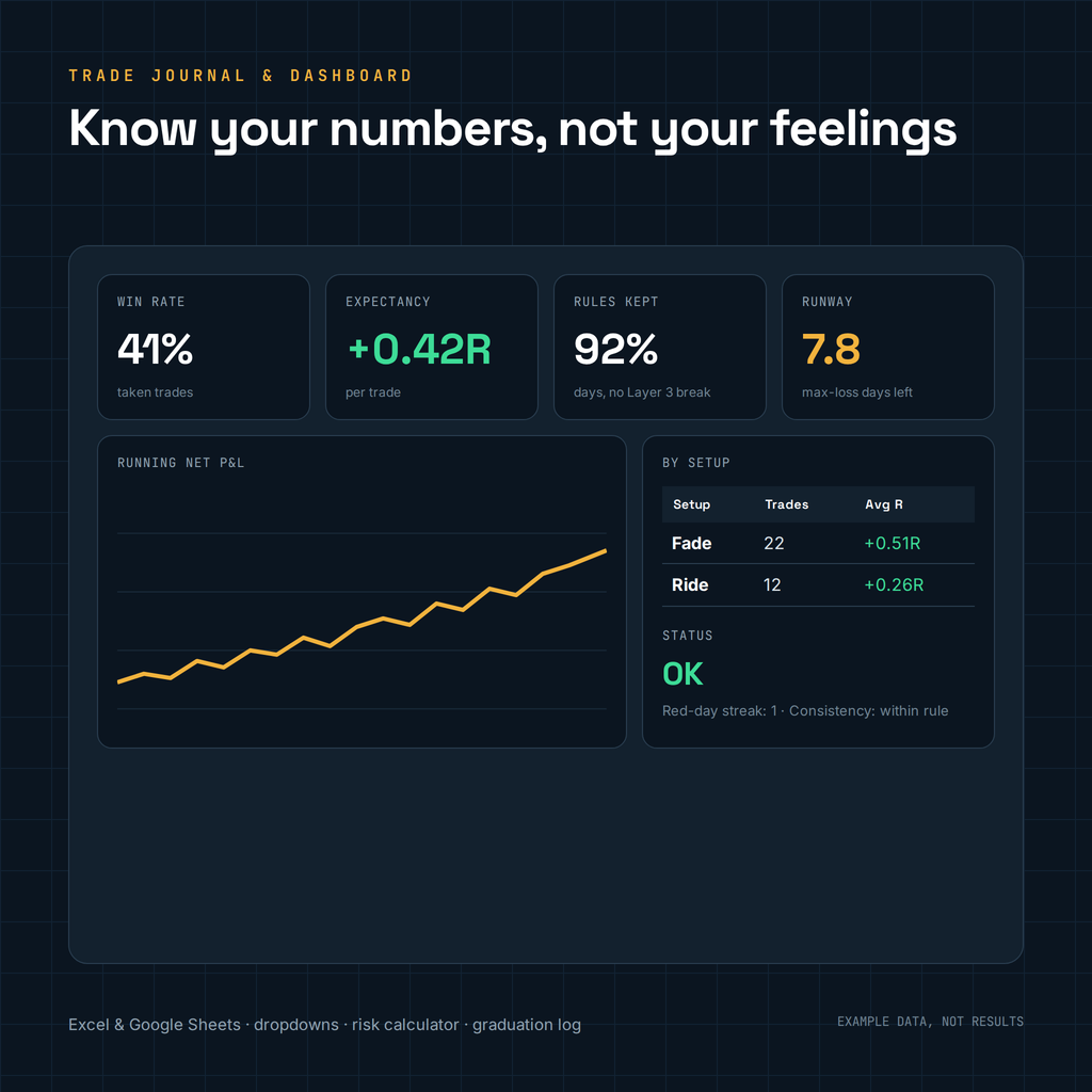 Trade journal dashboard with win rate, expectancy, rule compliance and runway (example data)